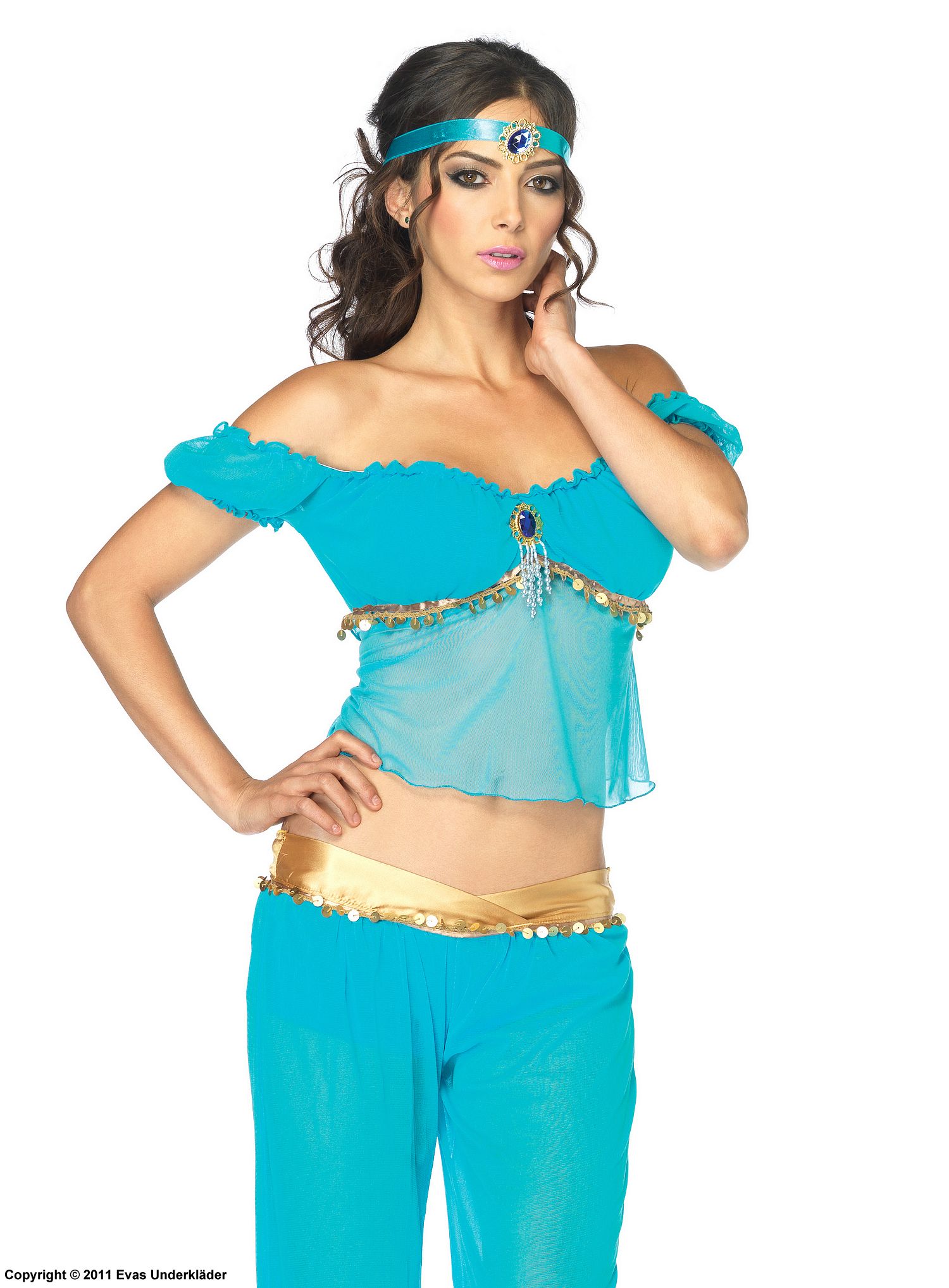 Prinsessan Jasmine från Aladdin, maskeraddräkt med topp och leggings, strass och öppna axlar